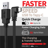 Cable USB 3.0 a USB-C de ángulo recto con carga rápida de 5 Gbps, transferencia de datos y suministro de energía PD de 18 W para juegos de PC y realidad virtual