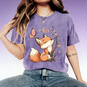 Camiseta linda con estampado de flor de cerezo y zorro para mujer |   Camiseta Casual de <span class=keywords><strong>Manga</strong></span> Corta con Cuello Redondo - Product Image 1