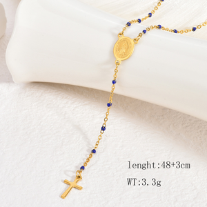 Collana con Ciondolo Religioso Placcato Oro 18K in Acciaio Inossidabile Catena a Croce Gioielli di Moda Rosario Smaltato a Goccia Personalizzato con Charm - Product Image 6