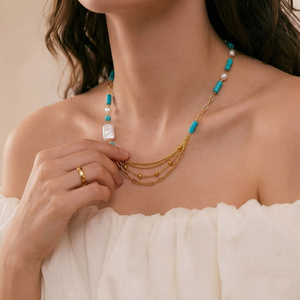 Collar de Cuentas de Turquesa Natural 2026, <span class=keywords><strong>Cadena</strong></span> Asimétrica de Varias Capas con Eslabones Tipo Clip, Estilo Barroco, Acero Inoxidable Dorado, para Mujer, Oro de 18K - Product Image 1