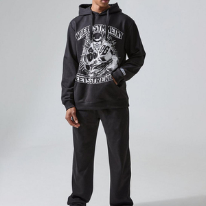 Men's Black Hooded Sweatshirt Set With Front Print Pocket Regular Fit Casual Autumn Wear - Product Image 1