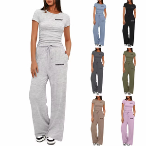 Nouvel ensemble décontracté 2 pièces pour femme : haut plissé à manches courtes et pantalon skinny taille haute, sportswear uni, printemps, écoresponsable - Product Image 6