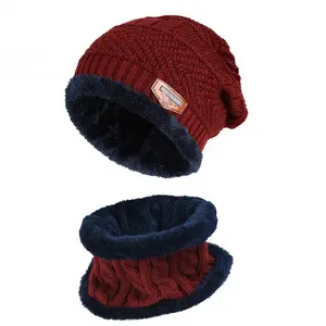 HZM-18178 Customised Logo High Quality Unisex Winter Cap Warm Wool Lining Knitted Hat 2-Pieces Set Beanie and Scarf