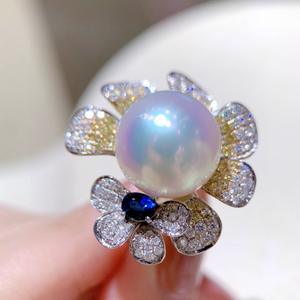 Bague de luxe en argent S925 haut de gamme, incrustée de diamants et de fleurs, perles naturelles rondes de 12-13 mm, nouvelle collection - Product Image 2