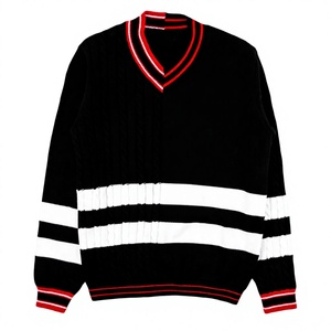 Suéter de punto a rayas negras para hermandades y fraternidades, para hombre y mujer, con ribete rojo y blanco, cuello en V, manga larga, para otoño. - Product Image 1