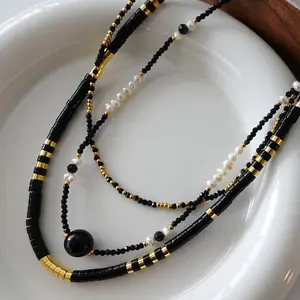 Black Agate Pearl Necklace 18K Gold Plated Chocker 2023 Simple Artistic Vintage Natural Stone Chain