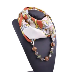 Fashion Colorful Design Pendant Scarf Silk Imitated Alloy Jewelry Scarf Chain Printed Necklace Scarves