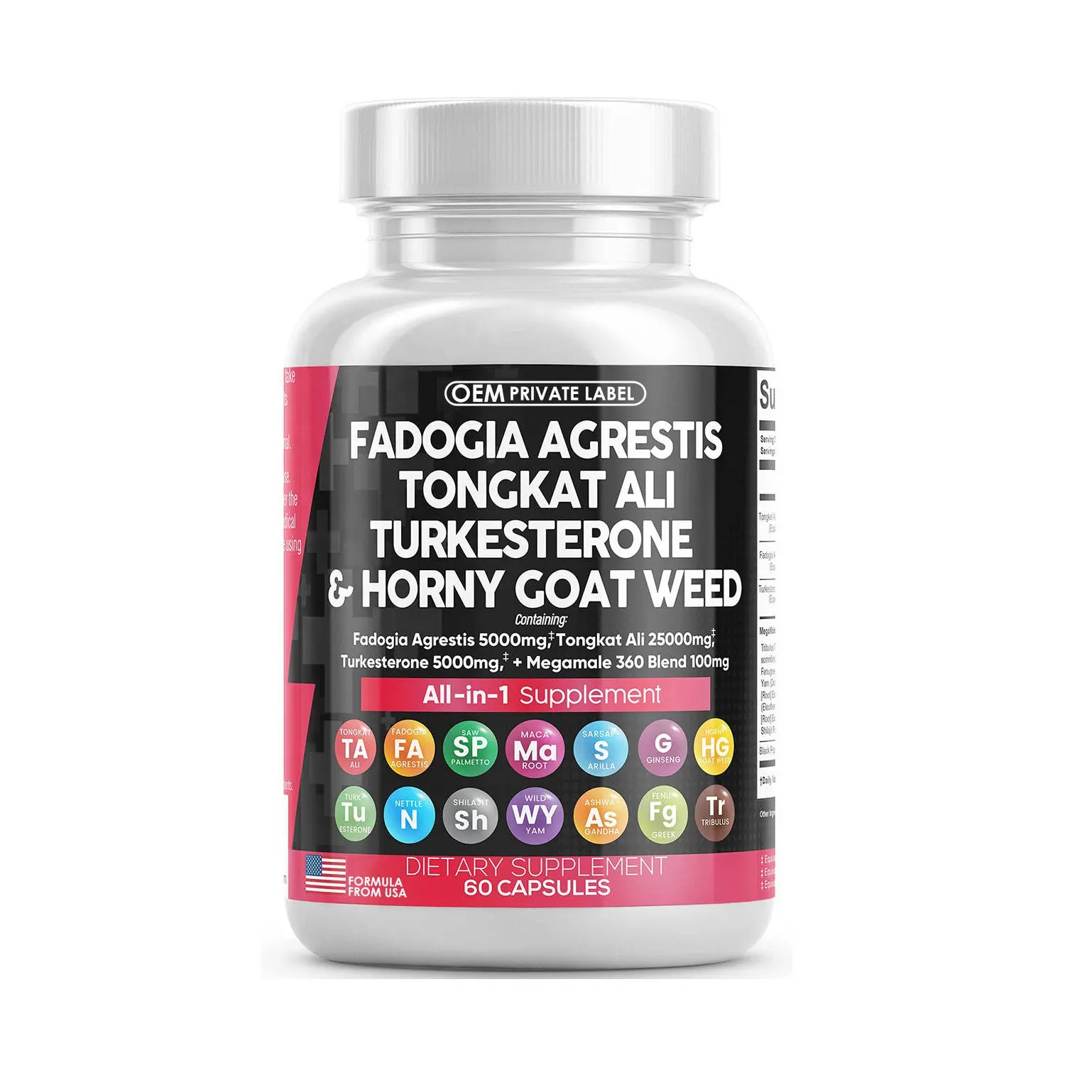 ฉลากส่วนตัวFadogia Agrestis Tongkat Ali Turkesteroneอาหารเสริมกับแพะร้อนวัชพืชเลื่อยPalmetto Macaรากแคปซูล