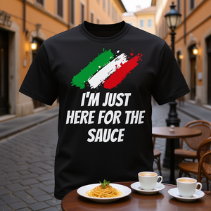 T-shirt humoristique italien pour les amateurs de cuisine et les fans d'Italie - « Je suis juste là pour la sauce » - Produit promotionnel - Product Image 2