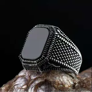 Zwart Sieraden Mannen 6G Echt 925 Sterling Zilveren Heren Ring Natuurlijke Agaat Retro Cool Mode/