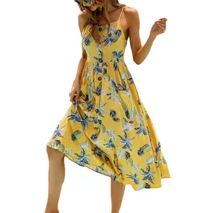 2022 새로운 스타일 여름 노란색 고삐 비치 수집 허리 쇼 얇은 섹시한 데이트 꽃 드레스
