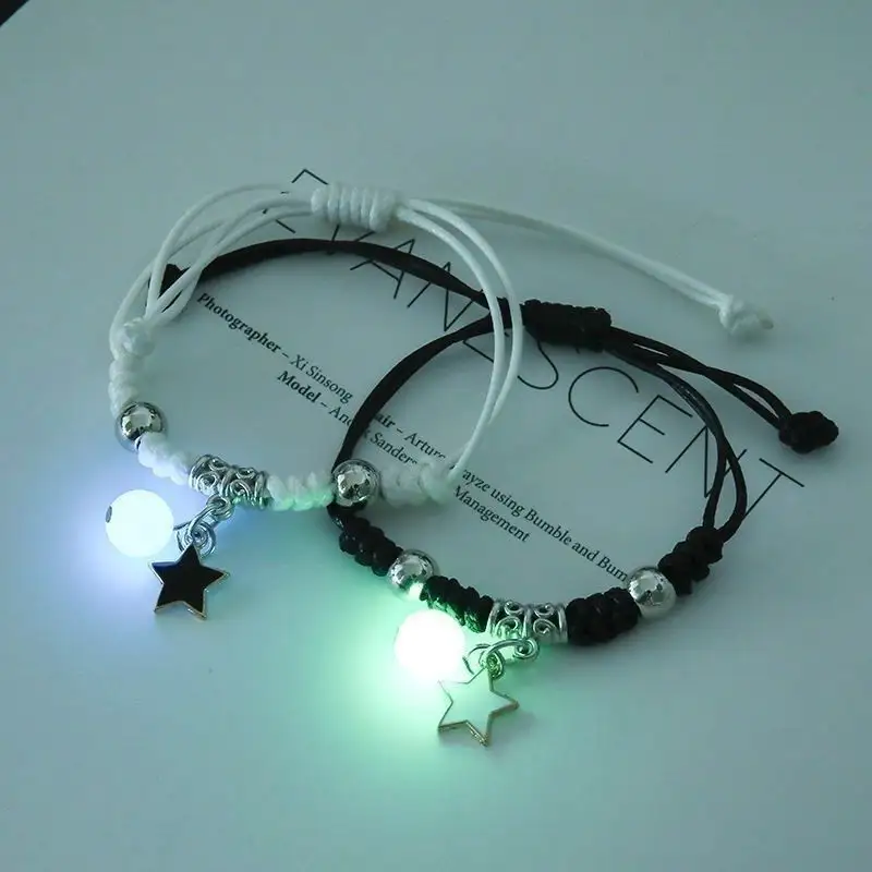 2pcs/set Black & White Leather Rope Star Beaded Night Glow Bracelet