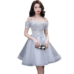2024 Colored Mesh Pettiskirt Off-shoulder Gray Dress Stage Costume Host Bridesmaid Dress