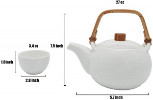 Théière <span class=keywords><strong>japonaise</strong></span> en céramique faite à la main, service à thé blanc en céramique avec poignée en rotin et 4 tasses à thé, ensemble cadeau, 6 pièces - Product Image 3