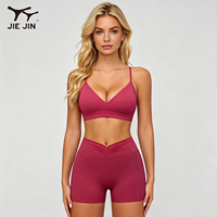Ensemble de sport JIEJIN pour femme : soutien-gorge à fines bretelles en V et short de compression, 2 pièces pour Pilates