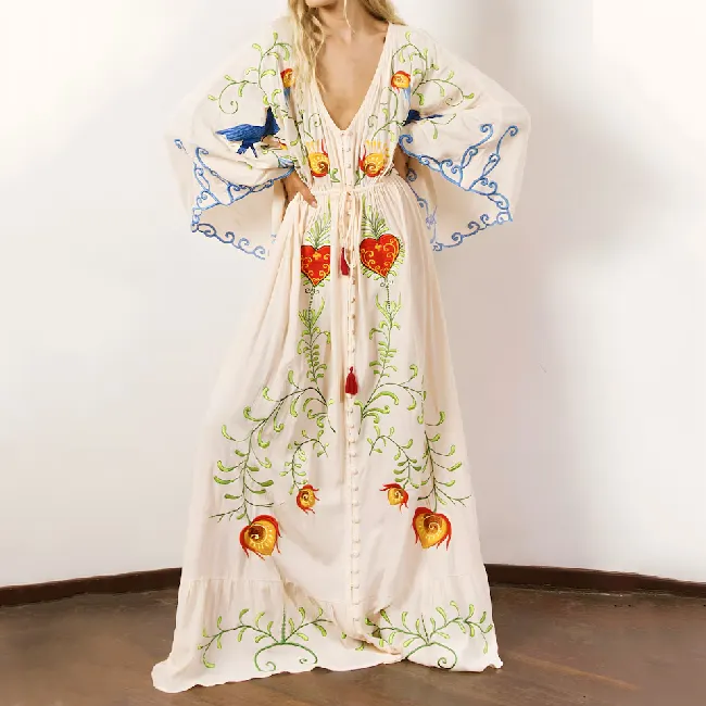Летнее богемное женское повседневное дышащее Платье макси с V-образным вырезом и вышивкой на заказ