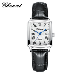 Reloj informal para parejas, reloj de cuarzo marca <span class=keywords><strong>Dawn</strong></span> con calendario, diseño cuadrado minimalista para hombres y mujeres, correa de cuero - Product Image 6