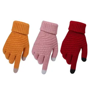 Cute lovely girls women style new cashmere brushed knitted gloves lady jacquard touch screen gloves rubber imprint embroidery label winter gloves cn zhe