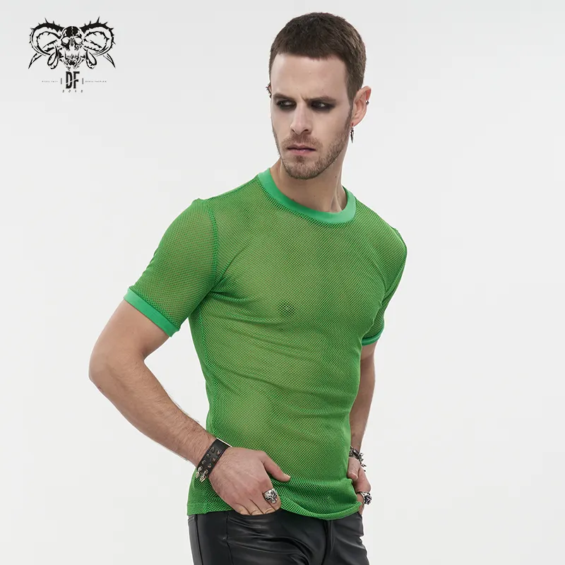TT03904 простая стильная большая эластичная зеленая Клубная Просвечивающая Сетчатая футболка с коротким рукавом в стиле панк