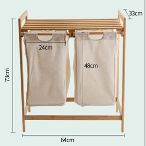 Bamboo Laundry Rack Double <b>Canvas</b> Bag Storage <b>Frame</b> For Home Bathroom Use - Product Image 4