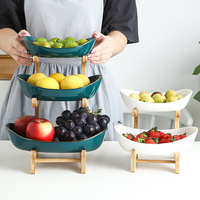 Modern Design Keramische 3-Layer Fruitschaal Met Houten Plank Voor Keukengerei