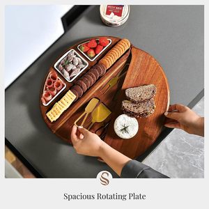 Planche à charcuterie ronde pivotante en bois d'acacia avec ensemble de couteaux, <span class=keywords><strong>plateau</strong></span> de service amélioré pour fromages et charcuteries - Product Image 5