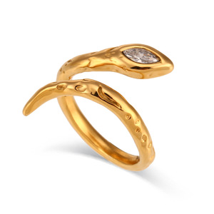 Stainless Steel 18K Gold Plated Snake <b>Open</b> <b>Ring</b> Hammered Texture Zircon Inlay Adjustable Trendy Women Statement Finger <b>Ring</b> - Product Image 2