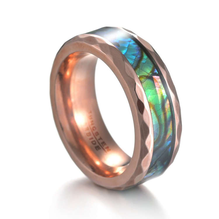 Wholesale 8mm Waterproof Diamond Cut Edge Black Rose Gold Plated Men'S Tungsten Steel Abalone Shell Rings for Men