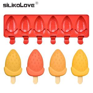 Nouveau moule à glaces en silicone à 6 cavités en forme de fraise avec bâtonnets, sans BPA, pour bâtonnets de fruits glacés - Product Image 1