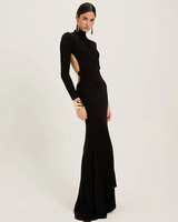 Robe longue sexy sans dos à manches longues pour femmes, robe élégante noire à col montant mi-haut, robe moulante pour soirée en club