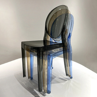 Chaise d'extérieur empilable moderne noire en plastique acrylique à dossier ouvert, chaise Ghost pour hôtel avec pieds coniques pour banquets, mariages et événements