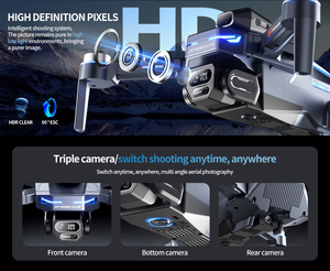 Dron GT8 azul oscuro con triple cámara HD 4K (720P) y con evitación de obstáculos de 360 ° y pantalla LCD sin escobillas - Product Image 5