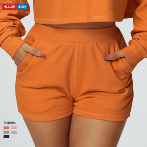 ใหม่กางเกงขาสั้นถักเอวสูงสำหรับผู้หญิงระบายอากาศได้ดีทรงหลวมชุดกีฬาลำลองสีส้มขนาดผู้ใหญ่ขนาดกลาง - Product Image 2