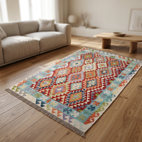 Handgefertigter Afghanischer Woll-Kelim Teppich Traditioneller Teppich Geometrisches Muster Fransen Haustierfreundlich Flachflorig Dünne Baumwollunterlage