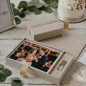 Hộp lưu trữ ảnh album ảnh kỷ niệm bằng vải lanh cao cấp in logo tùy chỉnh, ép kim, màu xám, kèm USB - Product Image 3