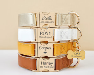 ชุดสายจูงสุนัขสีน้ำตาล + ทอง + ส้ม, หัวเข็มขัดโลหะสลักชื่อฟรีของขวัญสำหรับลูกสุนัขงานแต่งงาน - Product Image 2