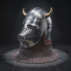 Casque médiéval antique à visage de cochon avec cornes plaquées or, armure en acier, gilet de mailles, thème animal, objet de collection - Product Image 1