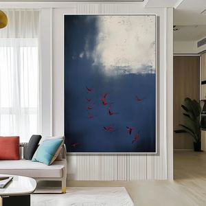 Peinture murale abstraite contemporaine texturée sur toile, art surréaliste, ciel bleu foncé avec oiseaux rouges pour la maison et la galerie - Product Image 2