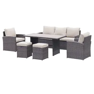 6 Pieces Patio Dining Set All Weather Wicker Furniture Steel Frame Rattan Dining Table and Chair Poly Wooden Table top