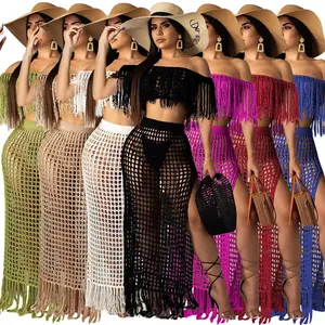 Zomer Hand Gehaakte Sexy Off Shoulder Crop Top Slit Rok Vakantie Outfits Vrouwen Tweedelige Set Netto Beachwear Met Kwastje