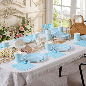 ชุดภาชนะใส่อาหารแบบใช้แล้วทิ้ง PET สีฟ้าอ่อน 350 ชิ้น สำหรับแขก 50 คน ประกอบด้วยจาน แก้ว ผ้าเช็ดปาก เป็นมิตรกับสิ่งแวดล้อม เหมาะสำหรับงานเลี้ยงฉลองเด็กอ่อน - Product Image 6