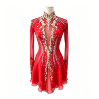 Robe de patinage artistique rouge vif à col montant, manches longues en résille, costume de compétition orné de strass, personnalisable pour enfants, adolescents et adultes, OEM