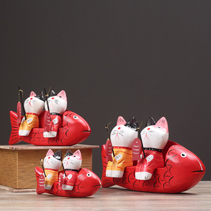 Juego de figuras de madera de gatos pescadores, 2 piezas, base de pez roja, estilo japonés, decoración unisex, regalo para mayores de 3 años - Product Image 3
