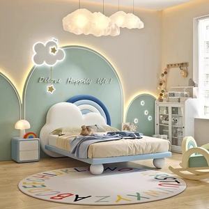 Venta al por mayor de camas de colores arcoíris modernas para niños, marco de madera en la nube, muebles de dormitorio con funda, <span class=keywords><strong>cama</strong></span> suave para niños y niñas - Product Image 4