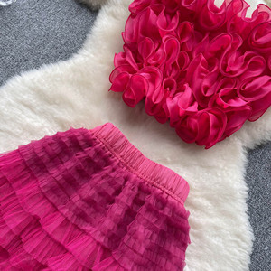 Grosir wanita tiga dimensi benang jaring bunga Suspender kecil rompi peri benang jaring rok panjang dua potong Set - Product Image 6