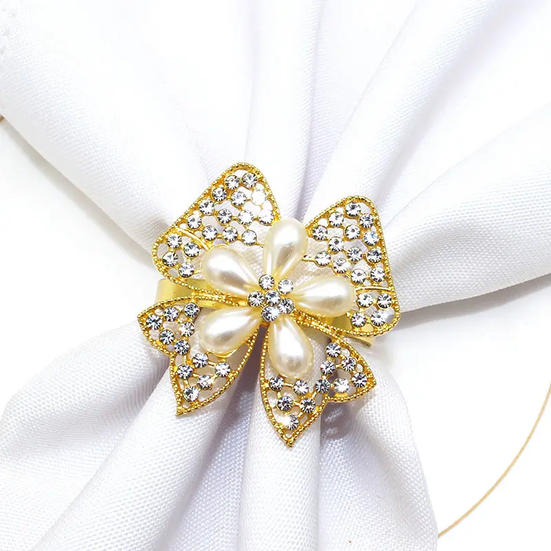 नई हीरे सोने के फूल मोती नैपकिन रिंग पार्टी भोज सजावट मोती नैपकिन के छल्ले