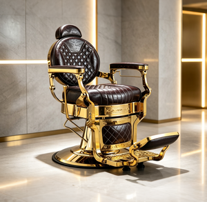 Fauteuil de coiffure hydraulique inclinable en cuir matelassé avec cadre en métal doré rétro haut de gamme - Product Image 1