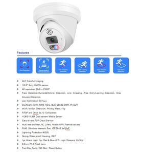 YCX 8MP POE tourelle IP intérieur CCTV <span class=keywords><strong>Vision</strong></span> nocturne caméra rouge bleu lampe de poche alarme Audio bidirectionnel couleur 2.8mm OEM Cloud Data - Product Image 5