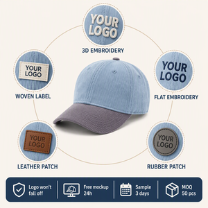 Gorra de béisbol de pana azul claro personalizada, 6 paneles, visera curva gris empolvado, ajustable, unisex, venta al por mayor, OEM, MOQ bajo - Product Image 4