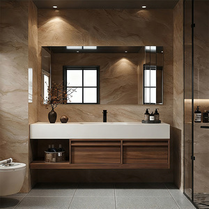 Modern Bathroom Vanity With Led <b>Mirror</b> 100cm Wood Cabinet Stone Basin Contemporary Design Floor Standing - Product Image 4
